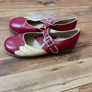 Fluevog Red and Cream Mary Jane Shoes with Buckle Strap